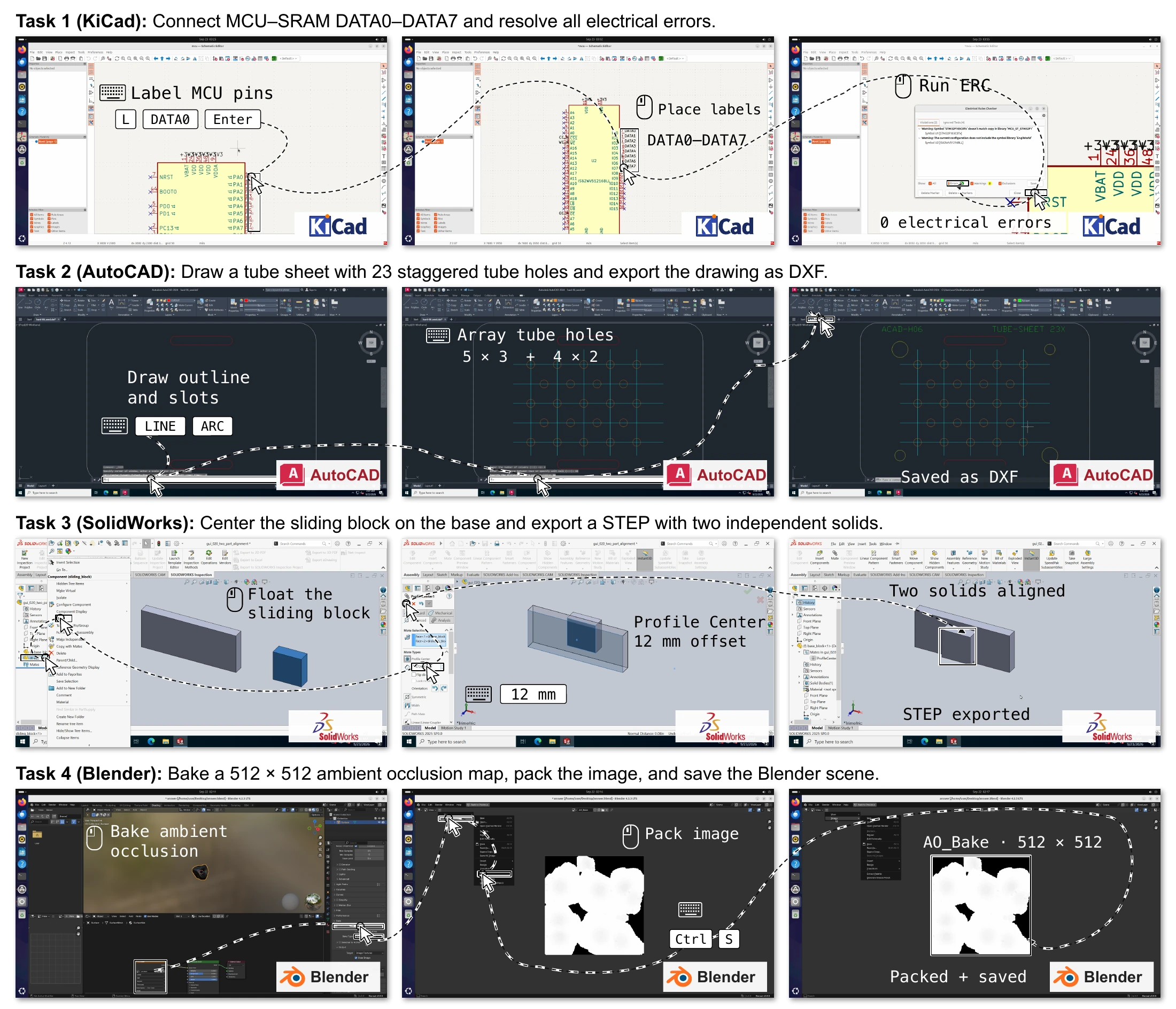 Verified successful GUI workflows in KiCad, AutoCAD, SolidWorks, and Blender